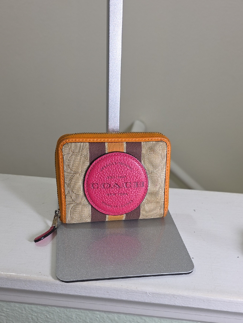 Coach Pink Leather Patch Orange Brown Stripe Compact Zip Around Wallet GUC